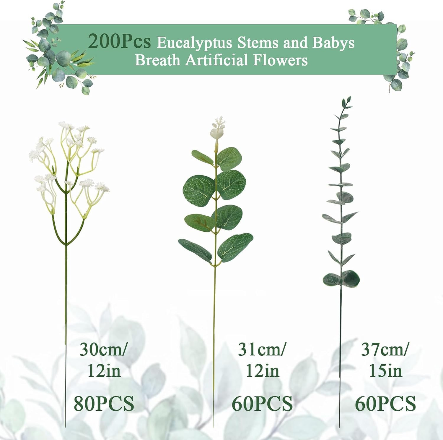 200Pcs Eucalyptus & Babys Breath Artificial Flowers for Weddings & Parties