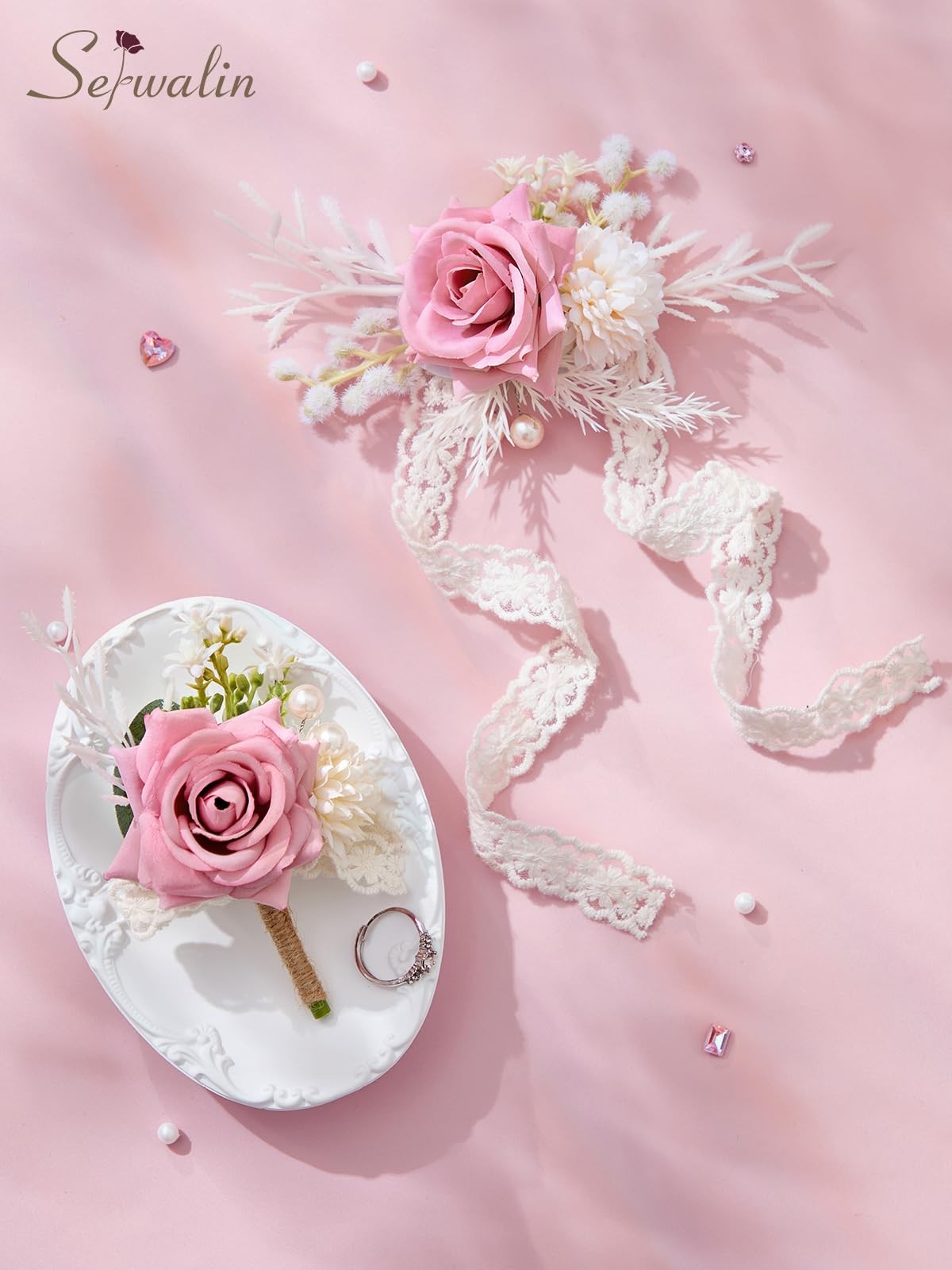 Pink Corsage Boutonniere Set Wristlet Prom Wedding Party Suit Flower Decor