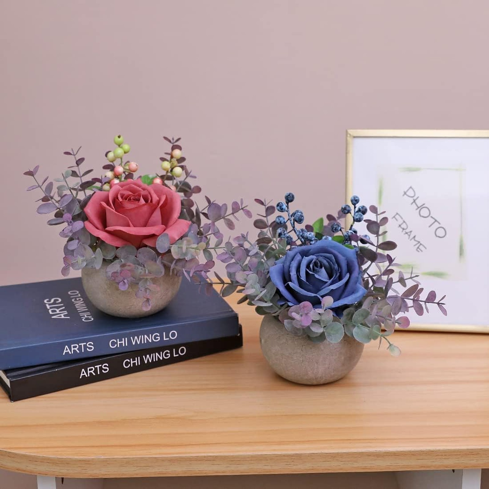 Small Artificial Blue Rose Potted Plant 6 Inch Faux Silk Flowers in Round Pot