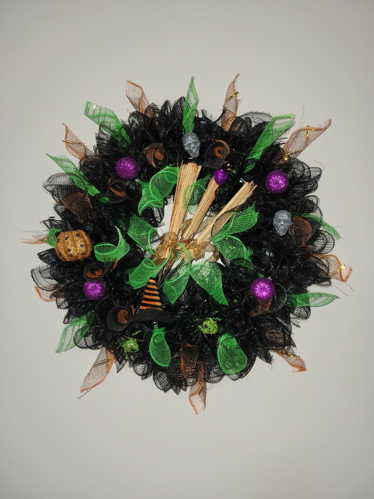Halloween Deco Mesh Front Door Wreath Wall Decoration 18″ purple green black