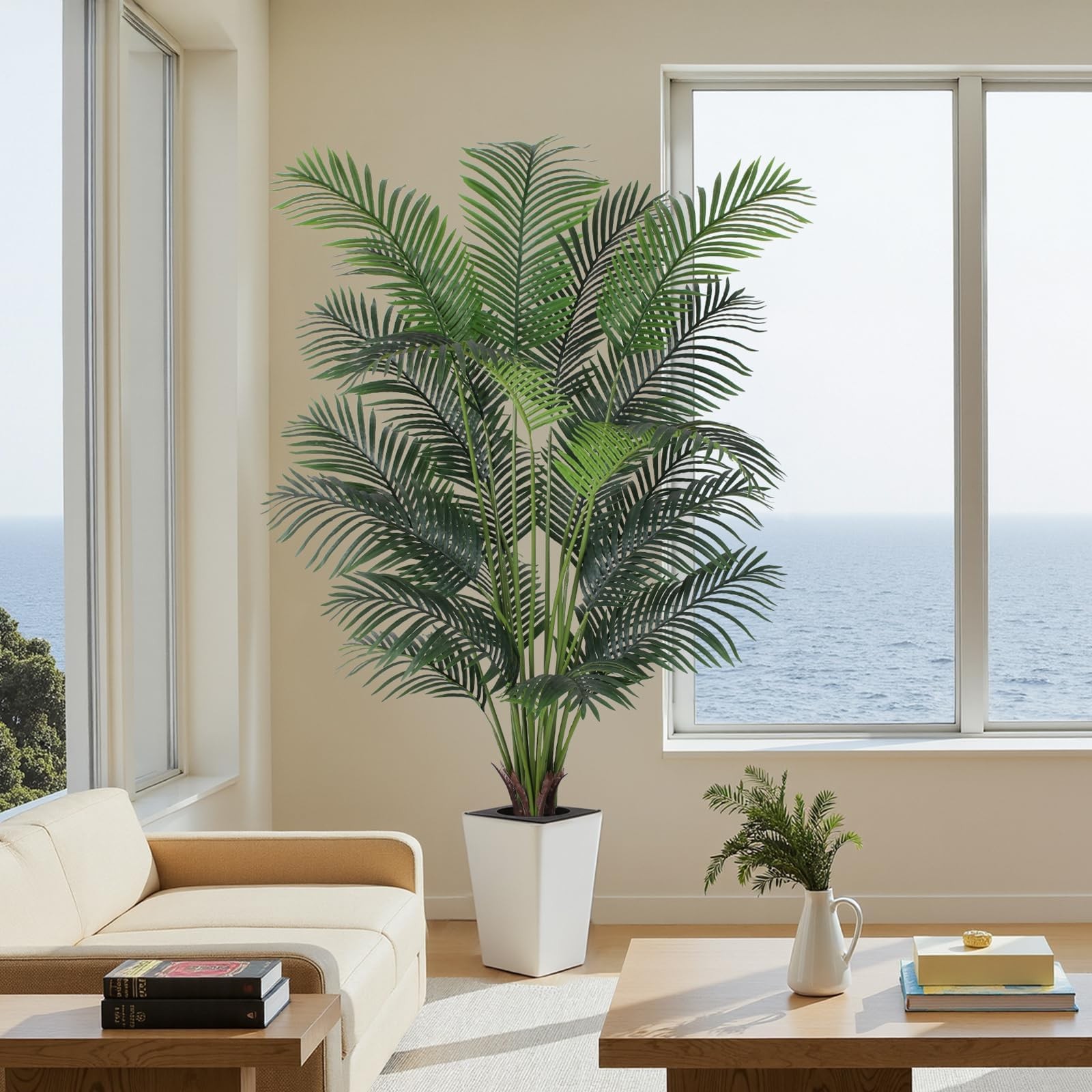 Artificial Palm Tree with White Tall Planter, 7ft Tall Potted Artificial Silk…