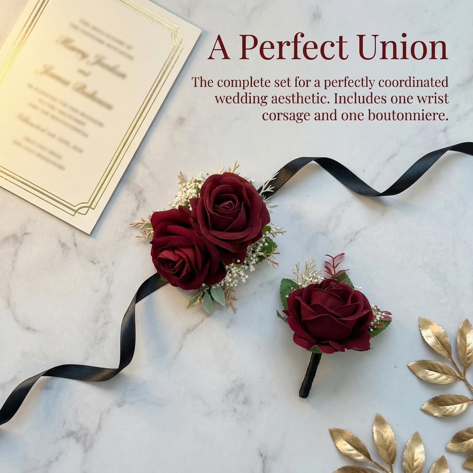 Burgundy Rose Corsage Boutonniere Set Baby’s Breath Wedding Prom Decorations