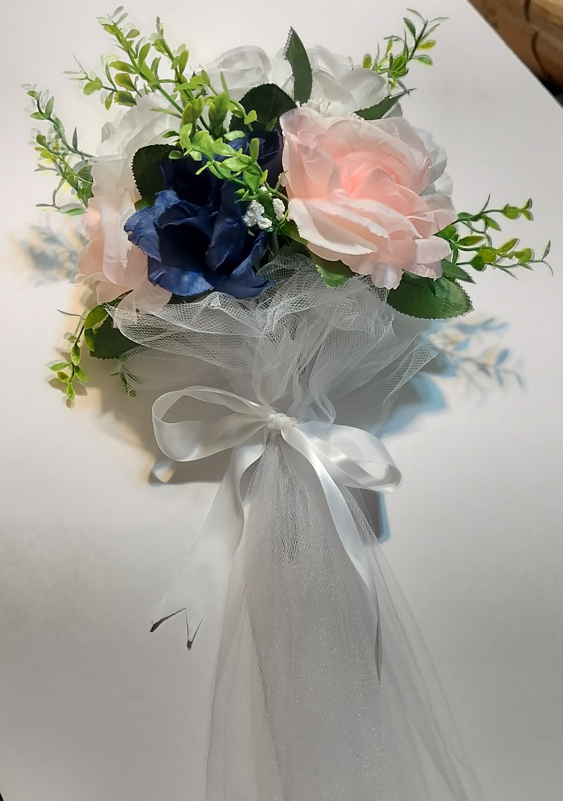 Bridal Bouquet Pink White Navy Blue Rose Artificial Flowers Ribbon Tulle Wedding
