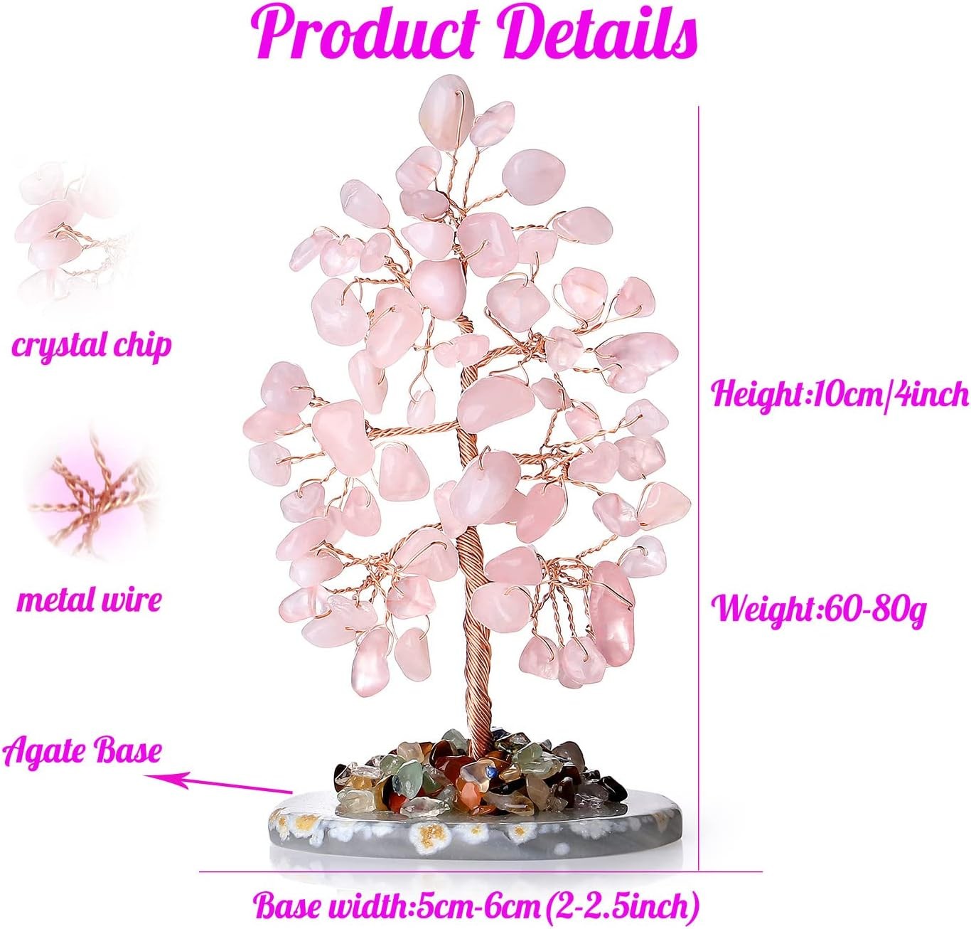 Rose Quartz Healing Crystal Tree of Life Natural Gemstone Pink-rose