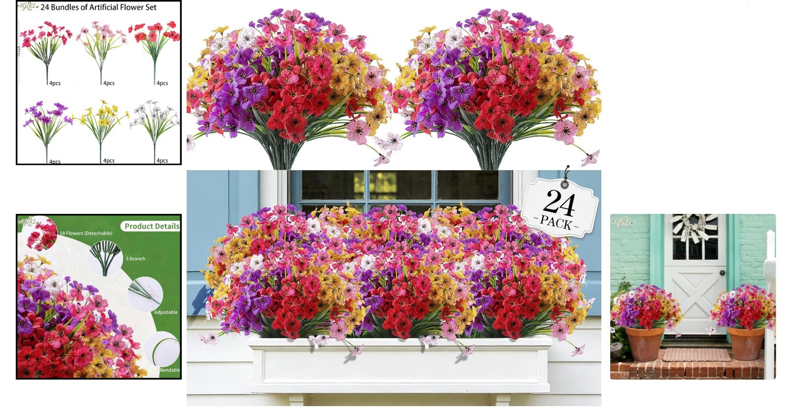 24 Bundles of UV-Resistant Artificial Flowers – Vibrant Outdoor & Indoor Decor