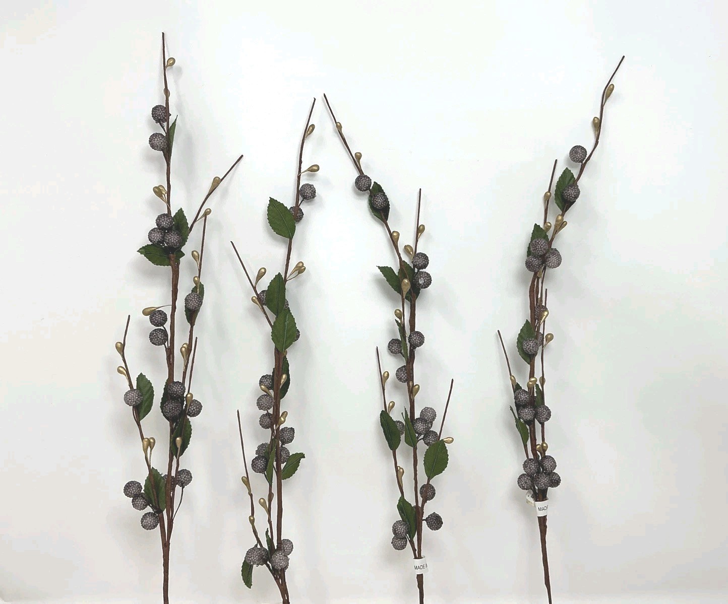 Sugared Berry Floral Pick 23” Purple and Gold Berries Green Leaves 4 Picks NOS