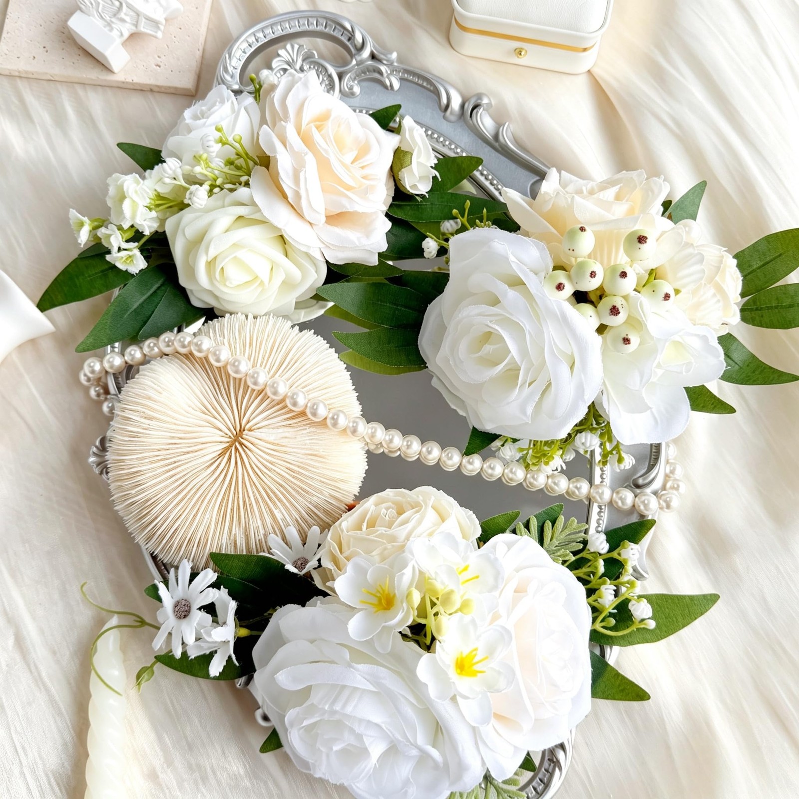 Pre-Made Ivory White Champagne Artificial Cake Flowers Set Silk Roses DIY Cak…