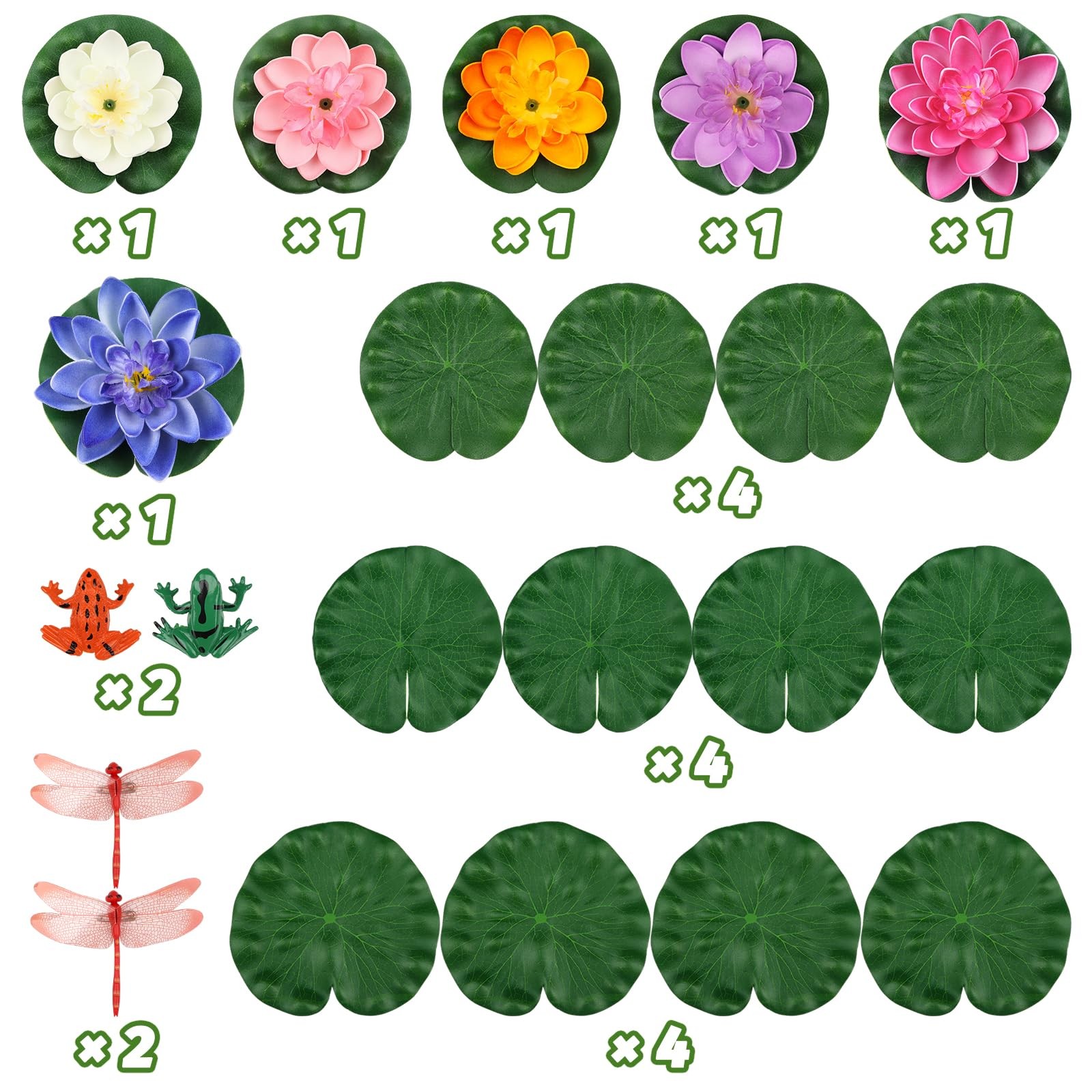 22 Pack Artificial Floating Foam Lotus Flowers with Artificial Frog Lotus Lea…