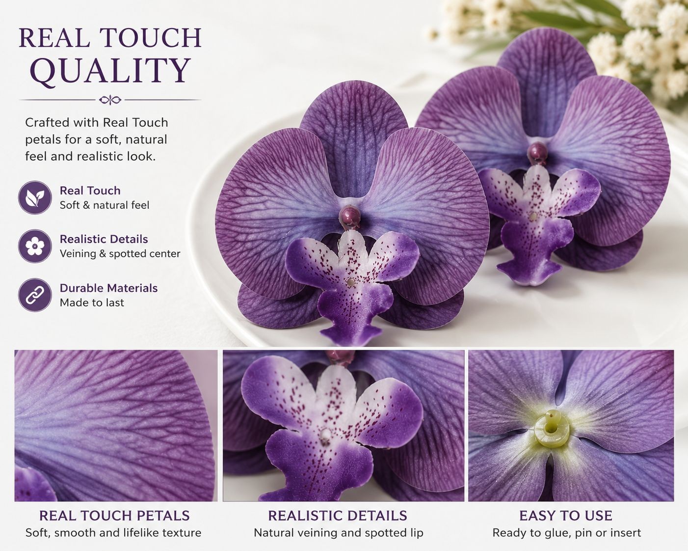 Real Touch Orchid Heads Set of 2 Purple Phalaenopsis Blooms 3.5 Inch for Corsage
