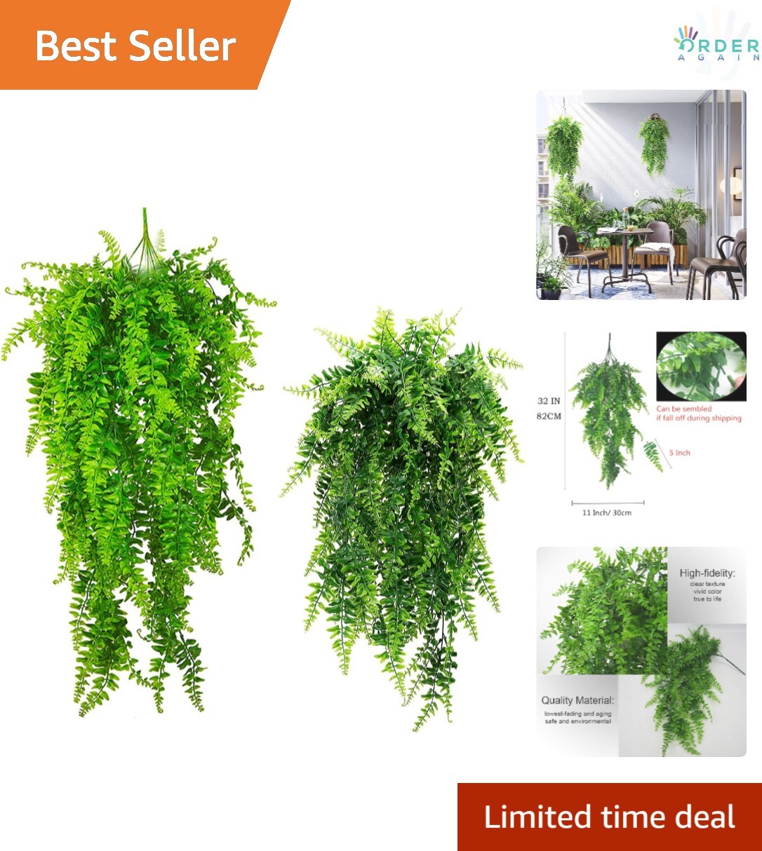 Artificial Hanging Fern Set Plastic Outdoor Indoor Decor UV Resistant 2Pcs