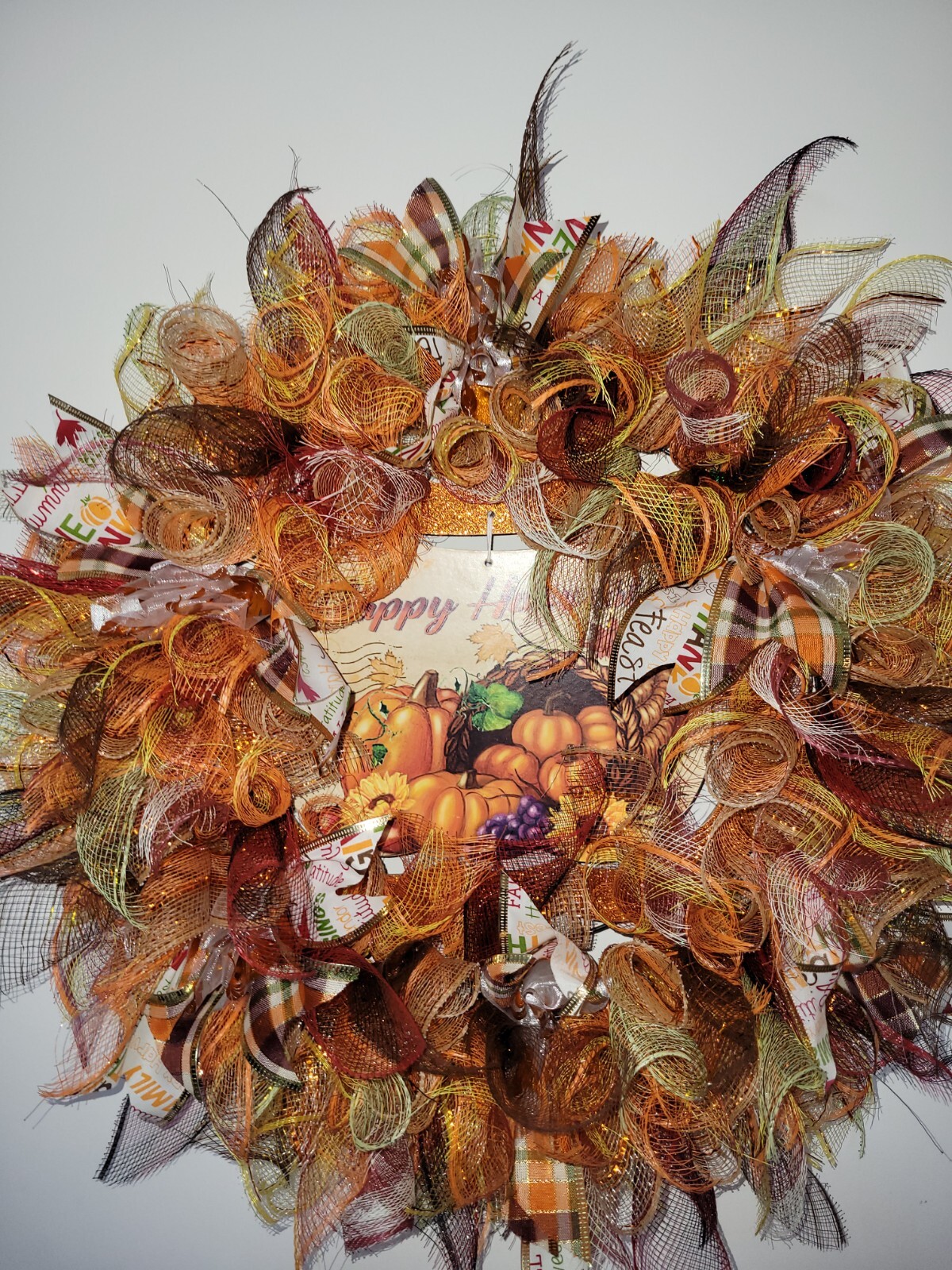 HAPPY HARVEST autumn Spring Mesh Front Door Wreath Wall Decor Bright colors