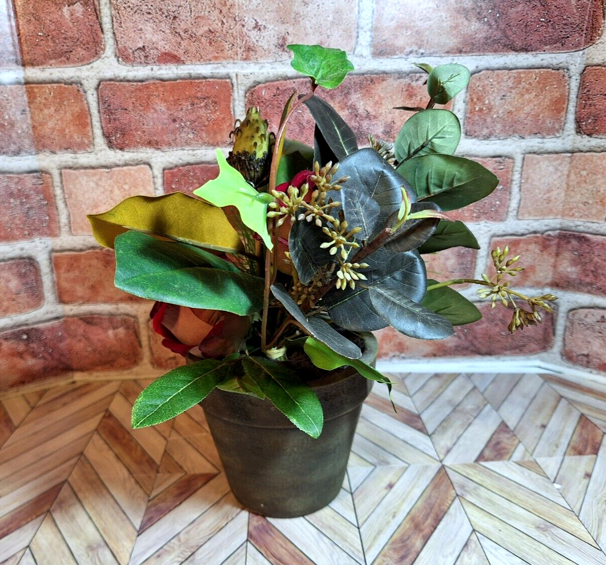 Faux Mixed Floral Arrangement W/Red Roses Rustic felt bottom Pot, Stunning!