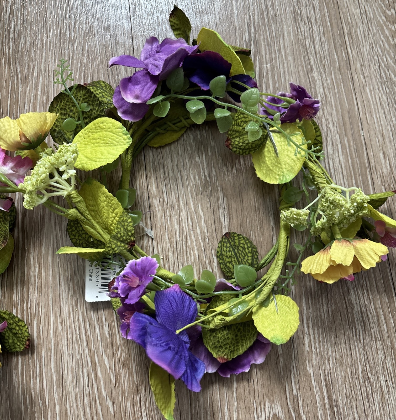Set of 2 faux floral candle wreath/rings. Green/purple/pink/yellow, 4” ring