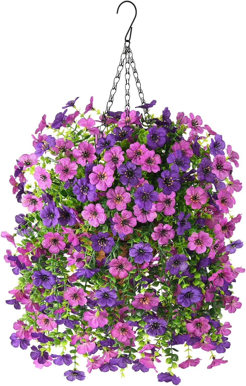 UV Resistant Faux Hanging Flowers Baskets for Outdoor Spring Decor – Mix Purple