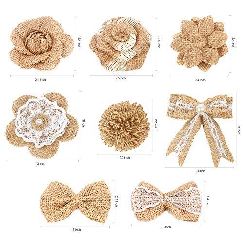 24PCS Burlap Flowers, 8 Styles Natural Handmade Rustic Rose Flower Bowknot