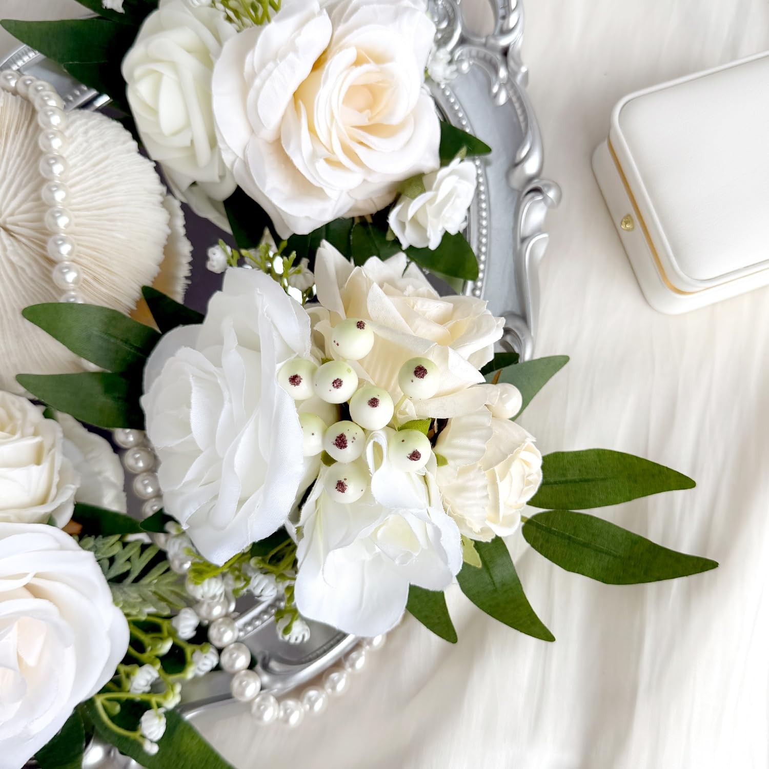 Pre-Made Ivory White Champagne Artificial Cake Flowers Set Silk Roses DIY Cak…