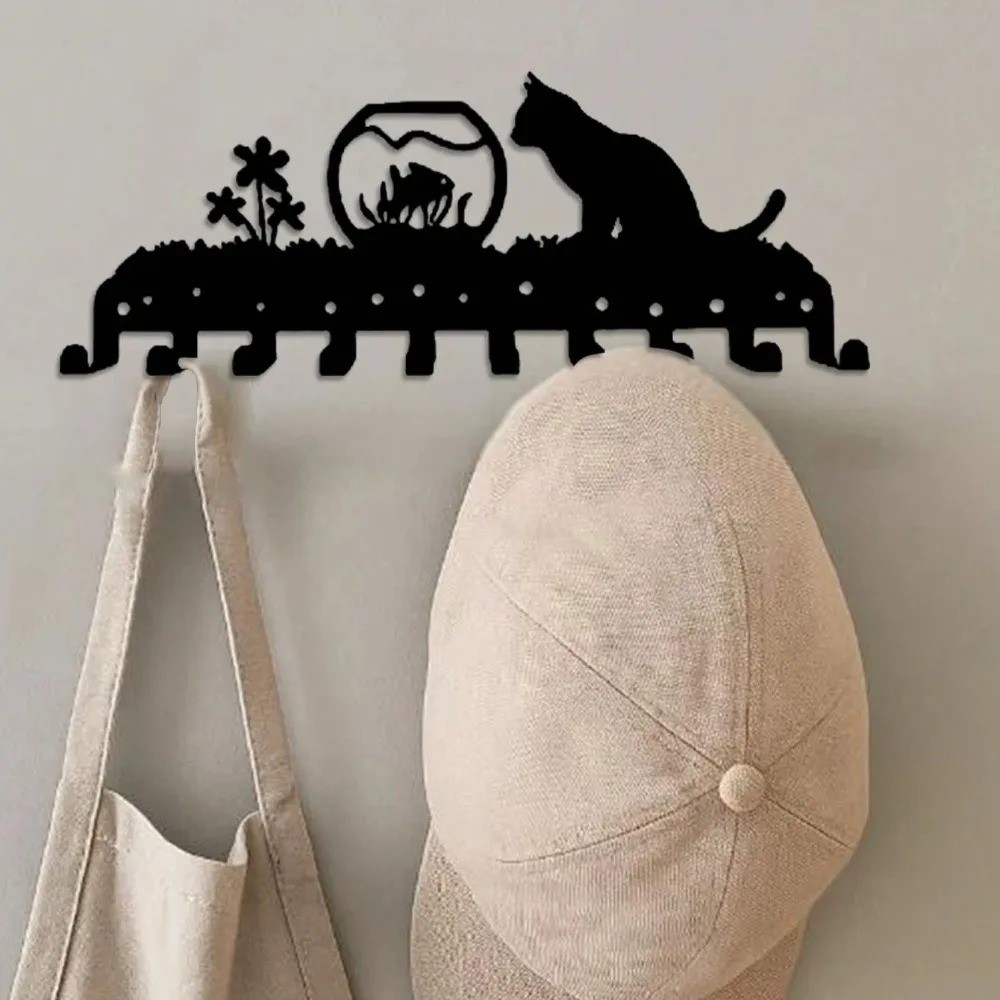 Adorable Black Cat Metal Key Holder Iron Art Entryway Organizer Home Decor