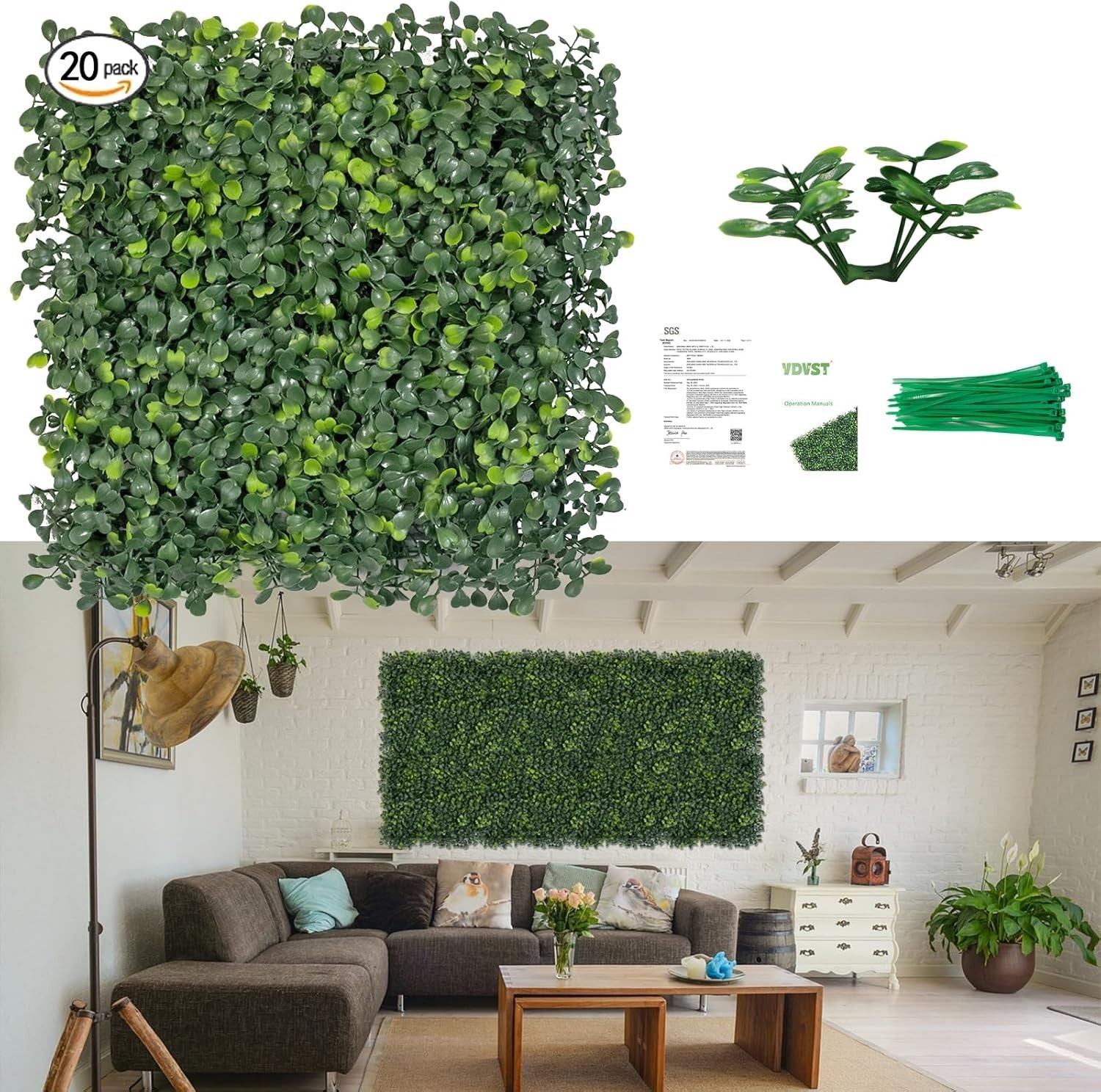 Grass Wall Panels 12 PCS 10″x 10″ Artificial Boxwood Panels with 50 Zip Ties,…