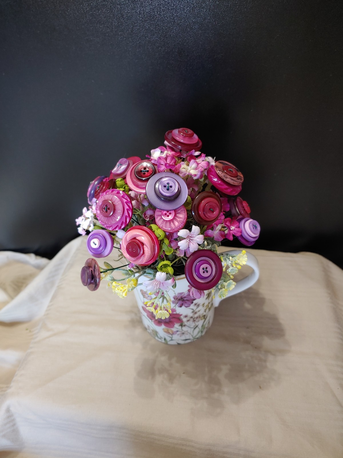 delicate floral mug with pink purple yellow BUTTON BOUQUET