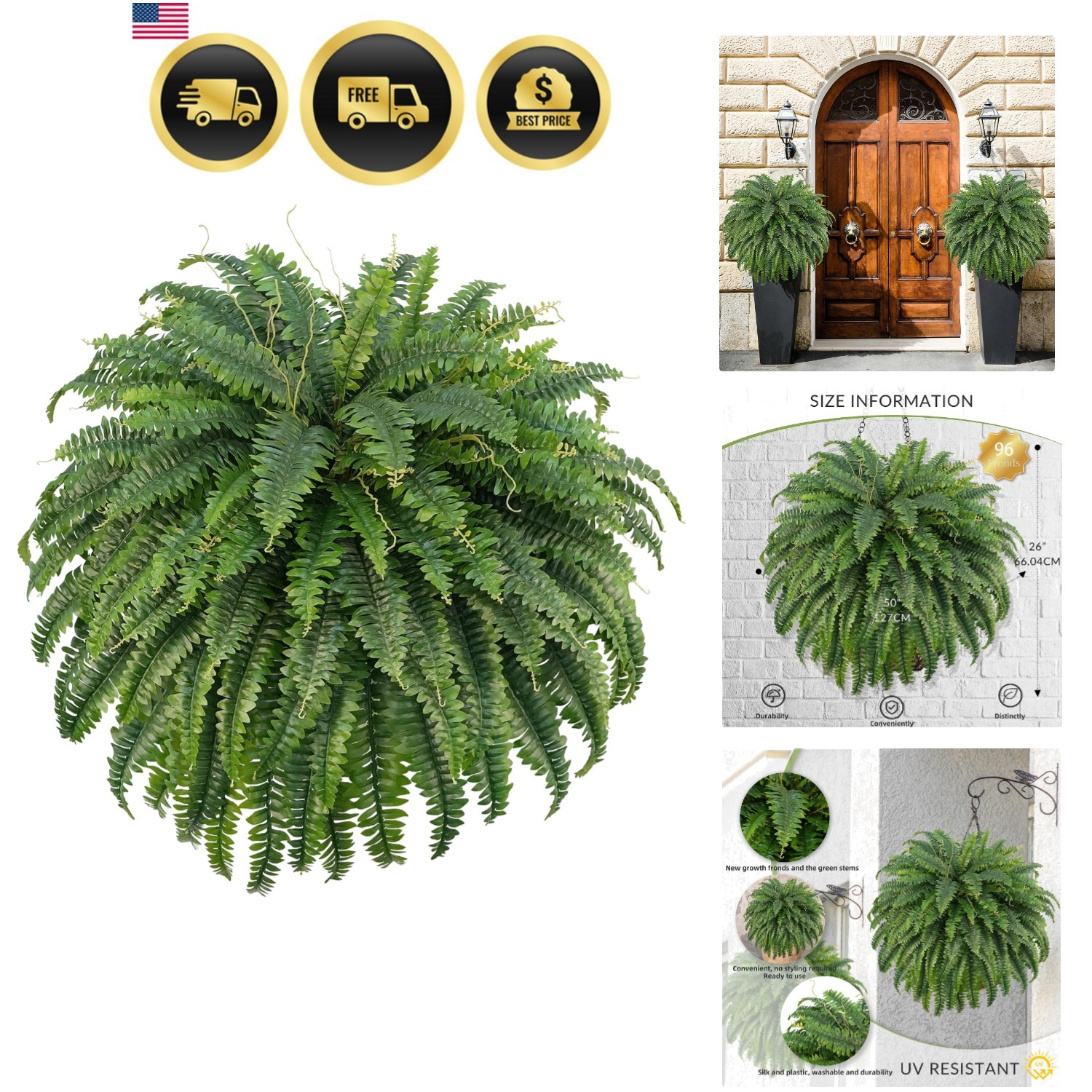 50″ Artificial Boston Ferns, Fake Bush Plants, Large Faux Ferns with 96 Frond…