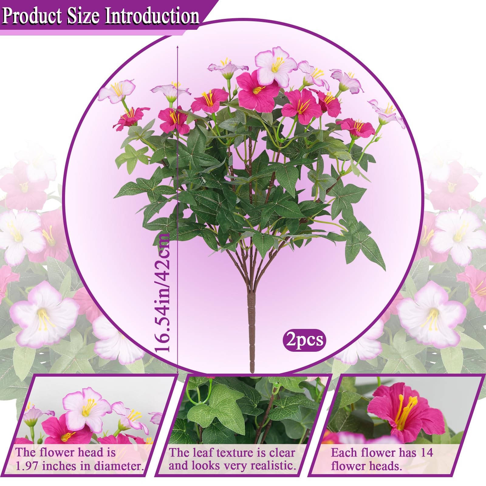 2Pcs Artificial Flowers for Outdoors Fake Plants Outside Magenta, Light Purpl
