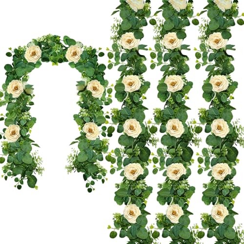 4 Packs 24FT Artificial Eucalyptus Flower Garland with White Camellias, Faux