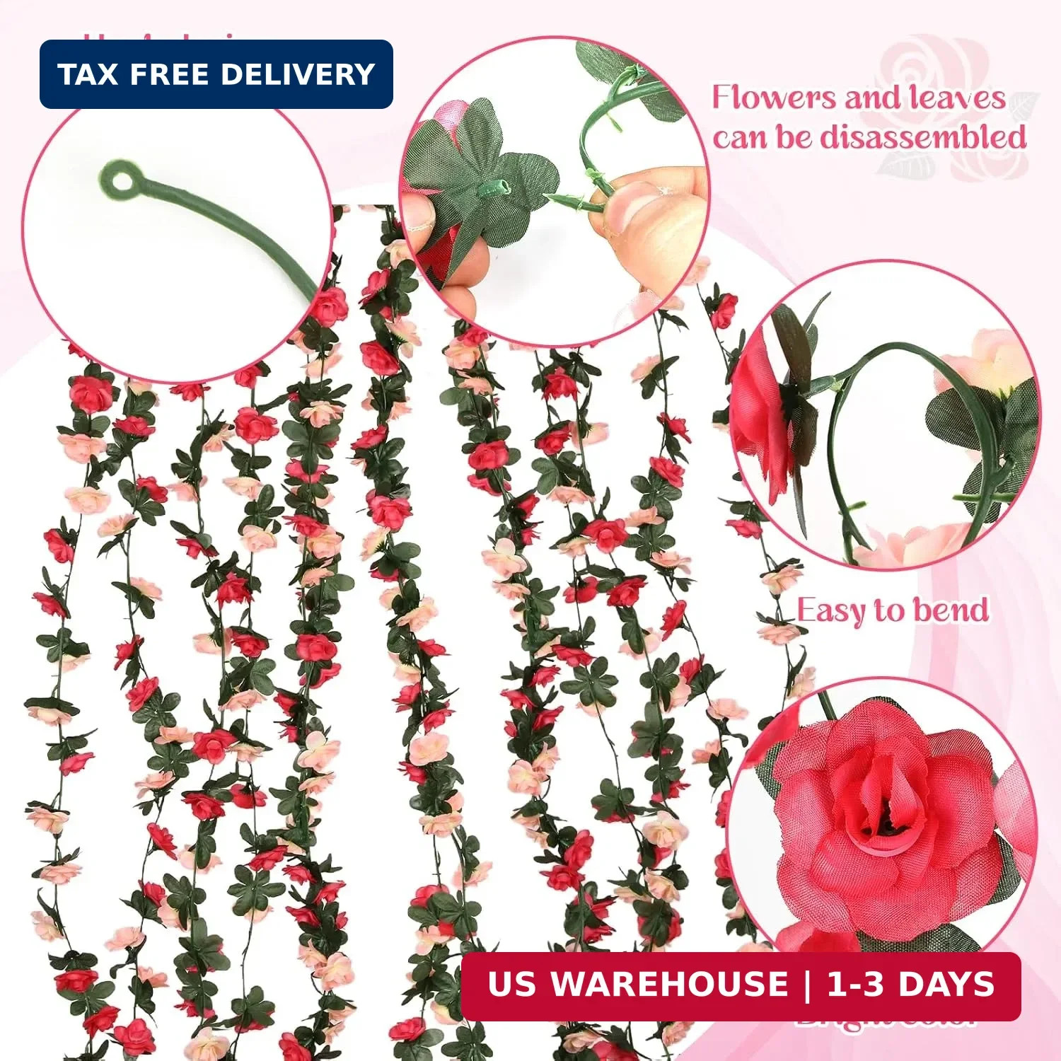 8 Pcs 65.6FT Flower Garland,Rose Garland,PinkFlower Vines for Decoration, Weddin