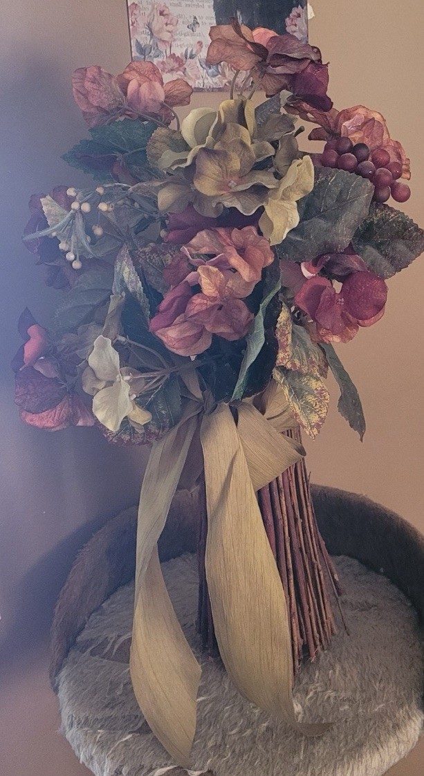 Artificial Hydrangea Bouquet w/Stick Style Vase, Mix Of Cream, Burgundy, & Green