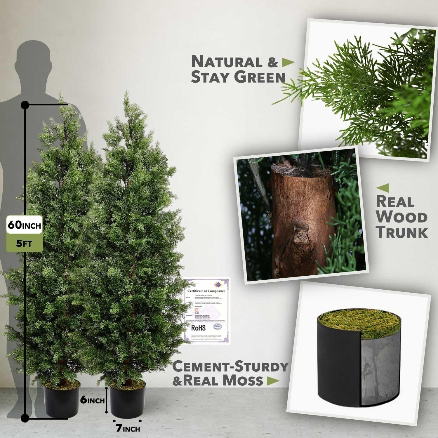 Decorative Faux Pine Trees – 5ft Tall, Set of 2
