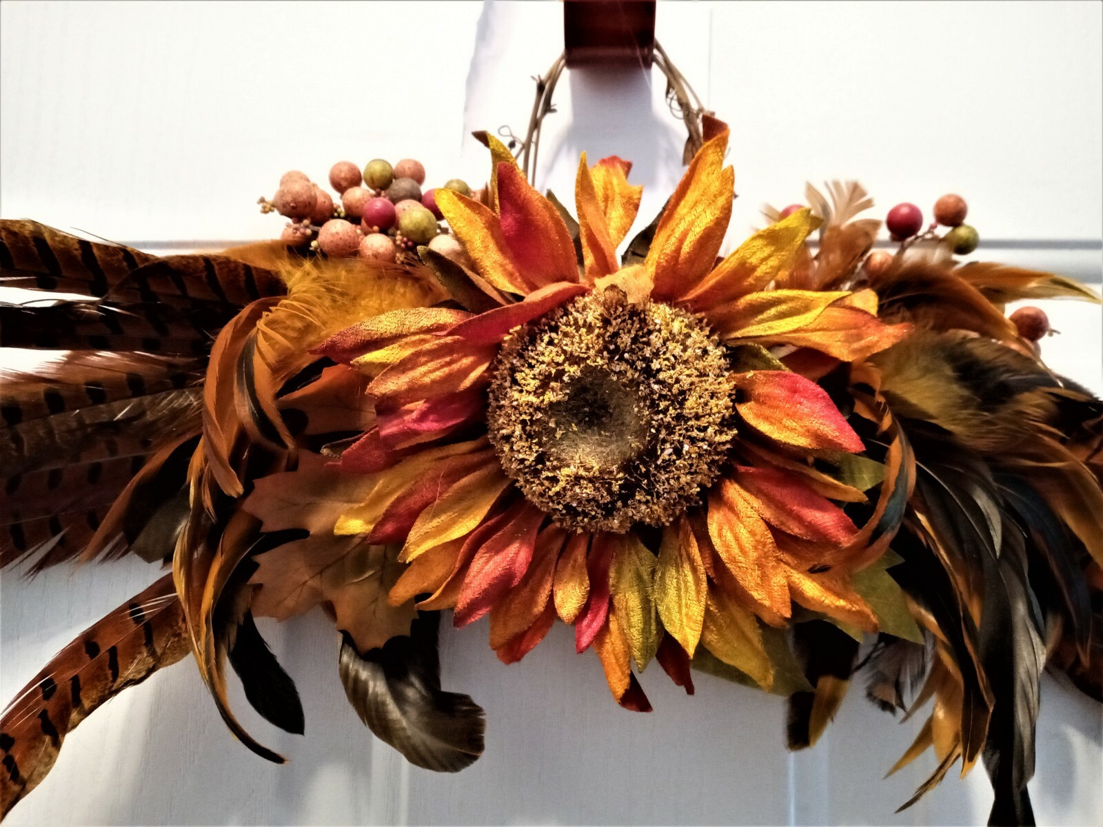 NWT Autumn Floral Wall Swag – Copper Feathers & Orange Sunflower – 27″W x 11″T