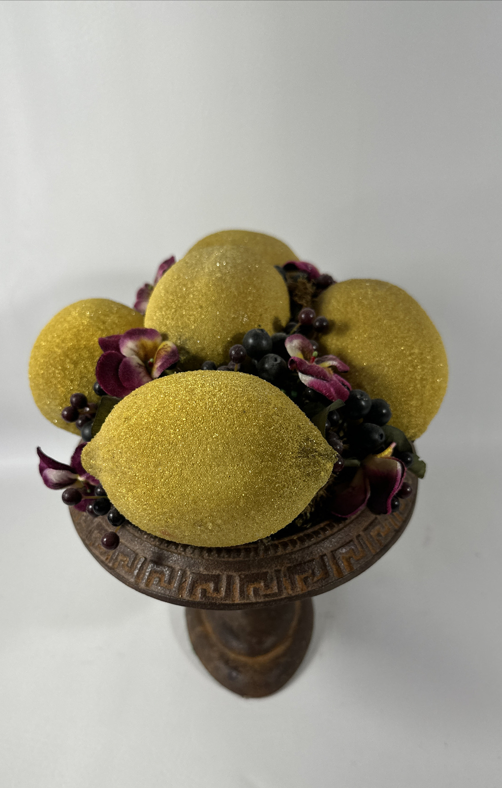 Vintage Rare Artificial Lemon Arrangement In A Cast Iron Vase Bass Green Bottom
