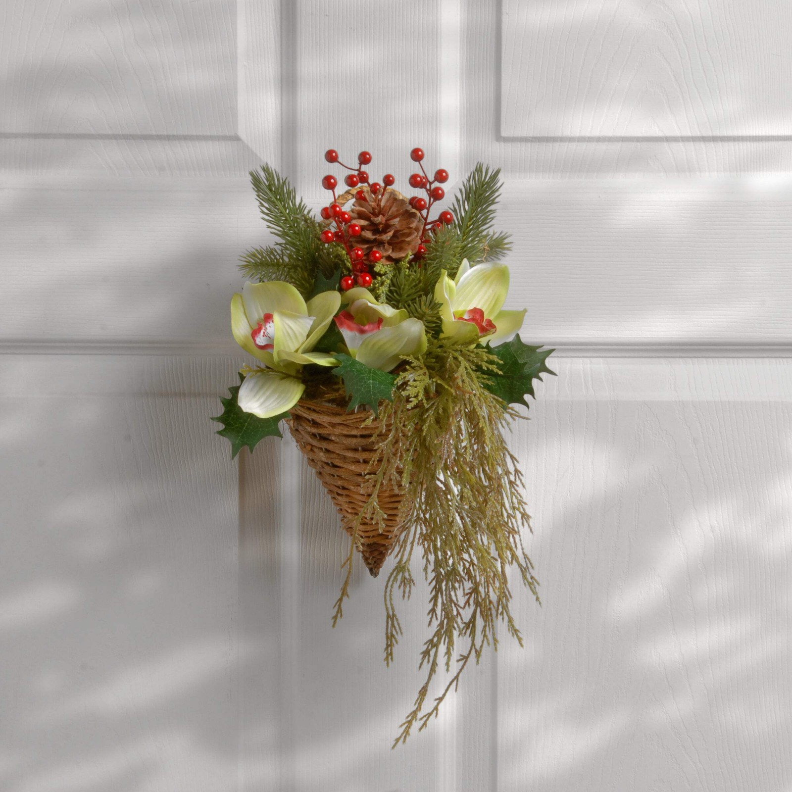 11 in. Spring Hanging Cone Basket with Green Flowers, Ivy, Berry Clusters, Pine