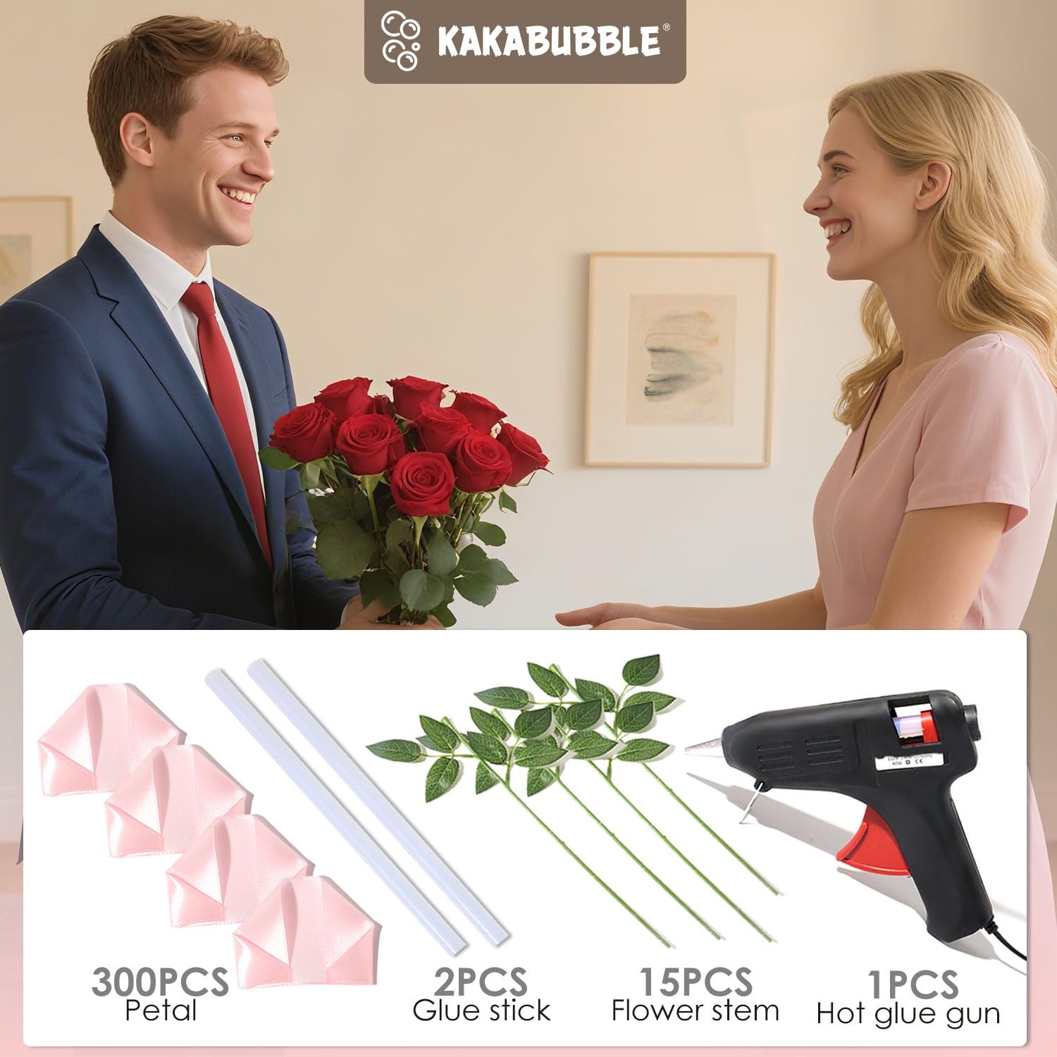 KAKABUBBLE 300PCS DIY Rose Petal Kit with Glue Gun, Sticks & Leafy Stems | Ha…