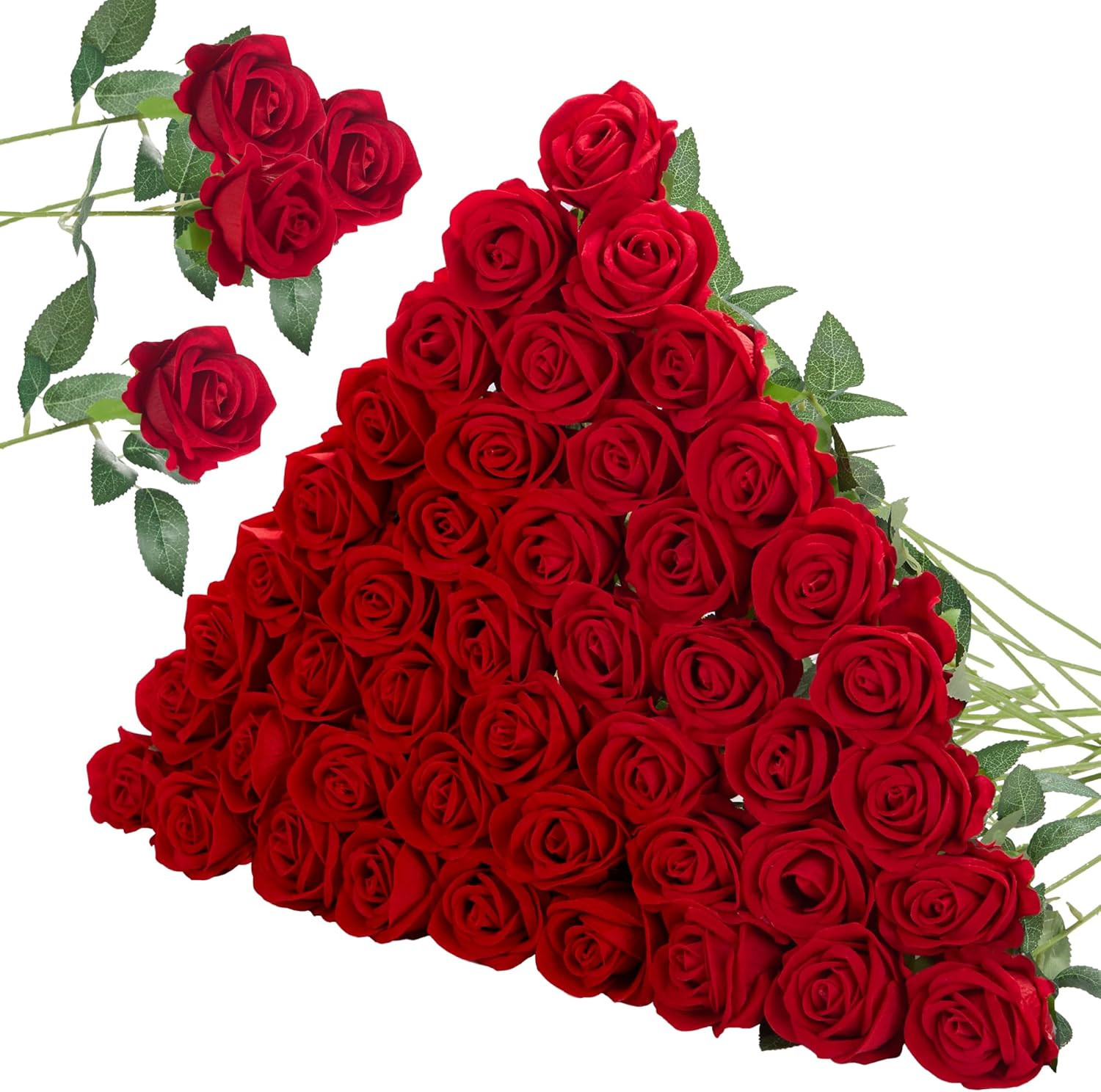 50 Pcs Red Roses Artificial Flowers, Fake Velvet Silk Rose Bulk Faux Flower f…