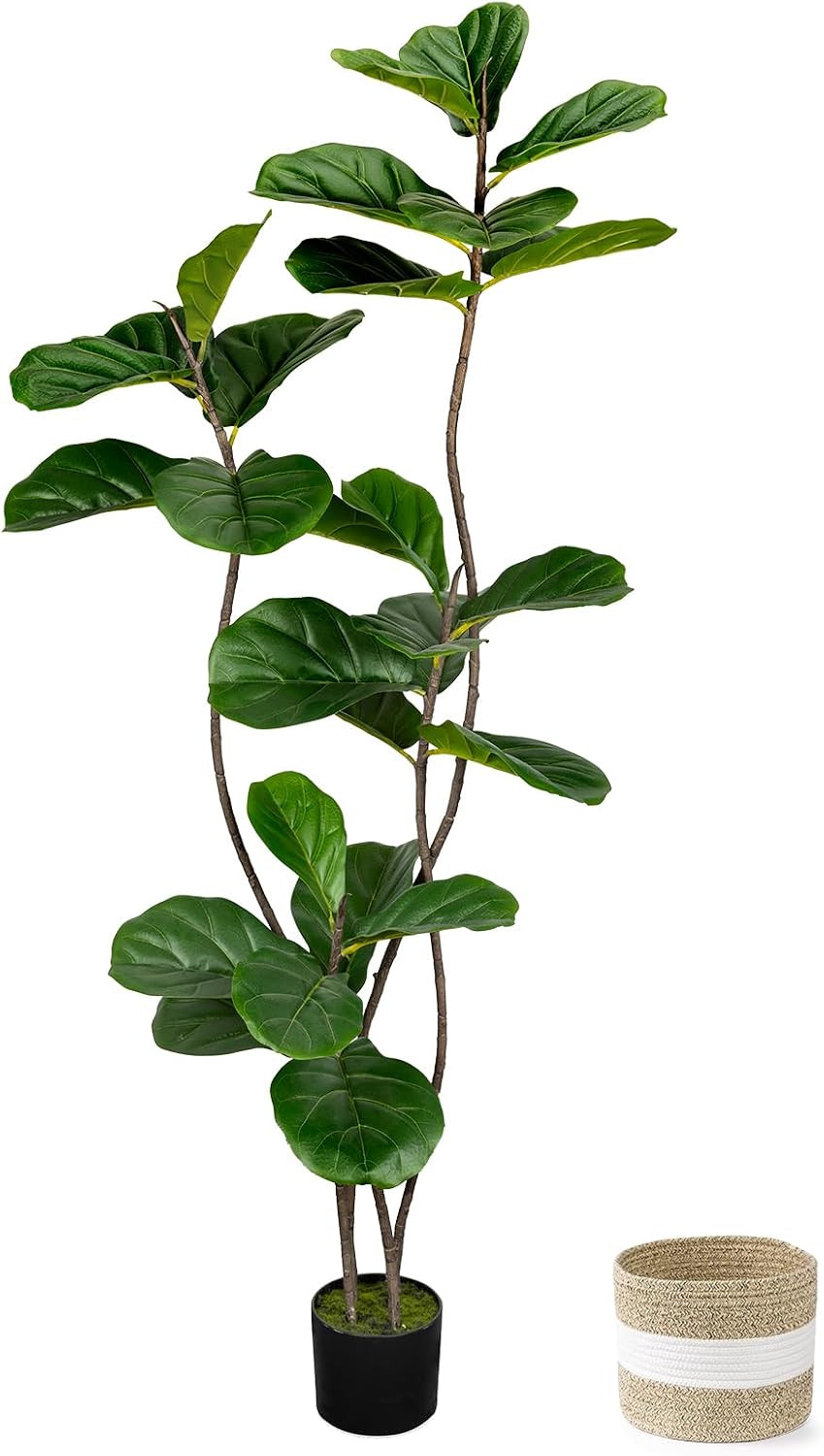 Artificial Fiddle Leaf Fig Tree 5FT with Cotton Basket | Faux Large Trees Fake P