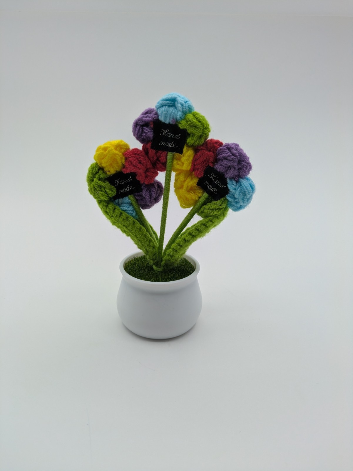Hand Made Yarn Crochet Rainbow Petal Flowers in White Plastic Pot