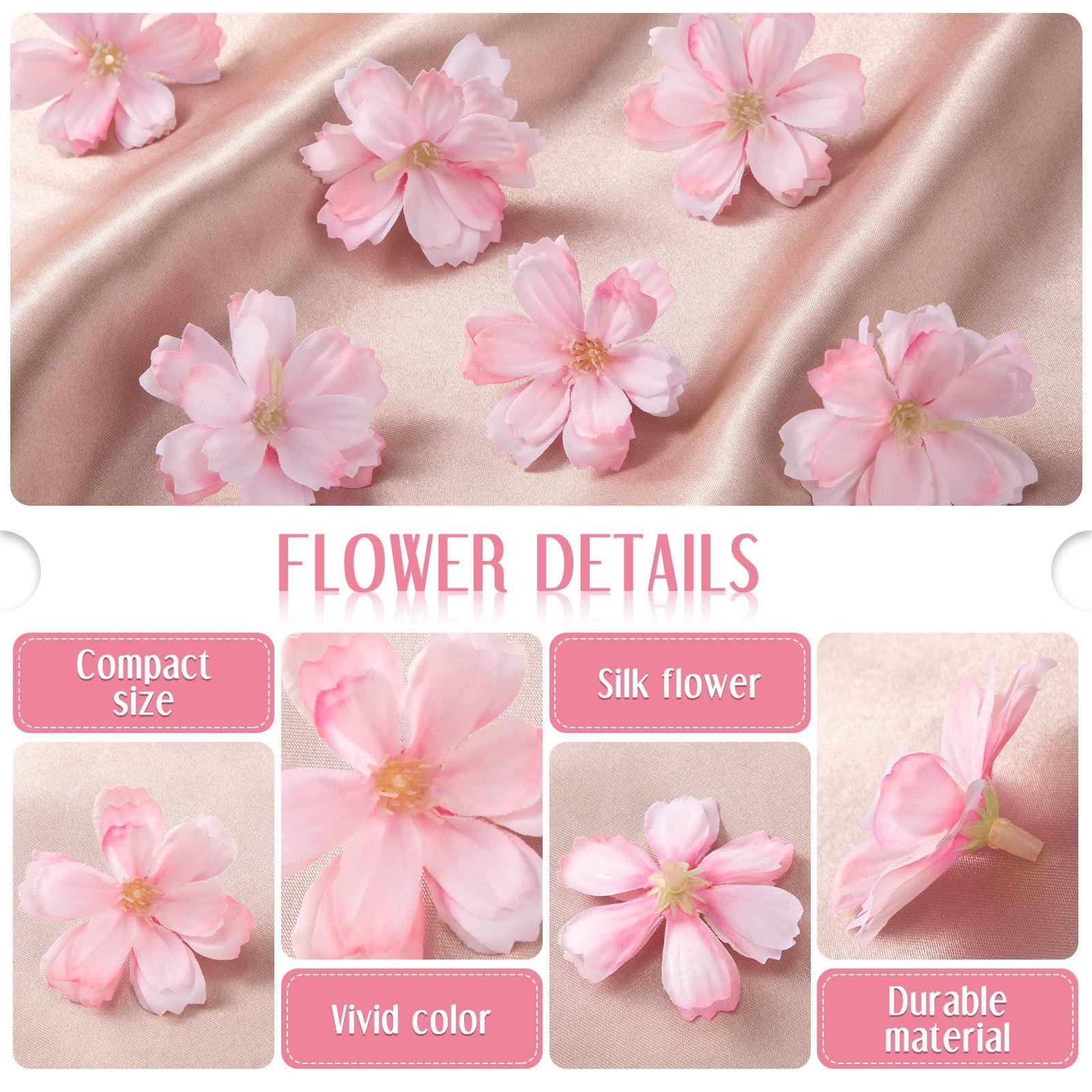 100 PCS Pink Faux Flower Heads Silk Plum Blossom 1.8 Inch DIY Crafts