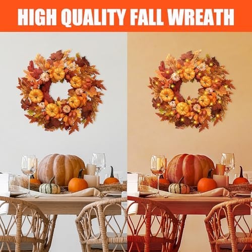 Autumn Wreath 21″ – Artificial Fall Decor with Pumpkins, Maple Leaves & Lanterns