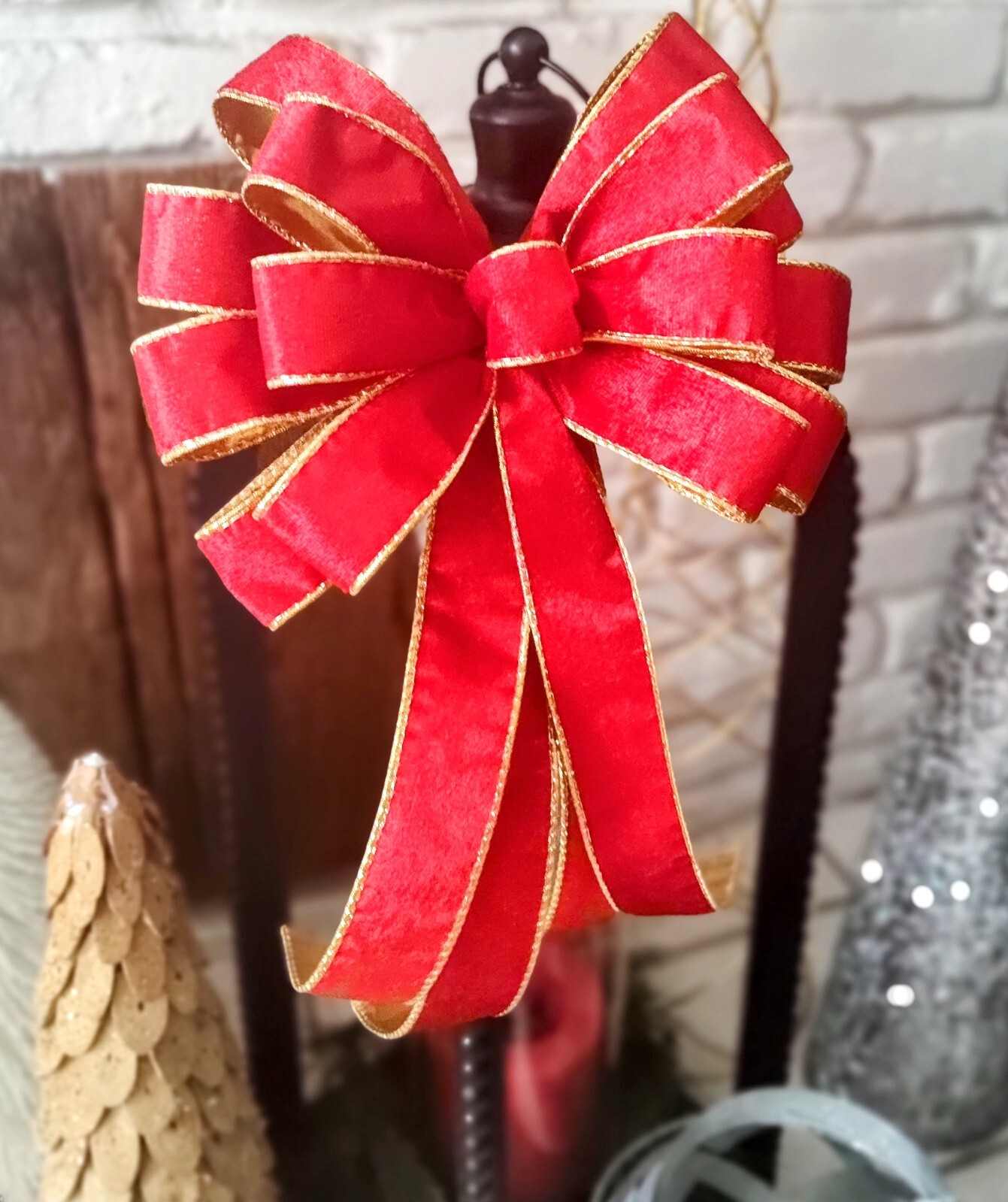 10×16 DeLUXE Red Velvet Bow, Wired Ribbon with Gold Lining