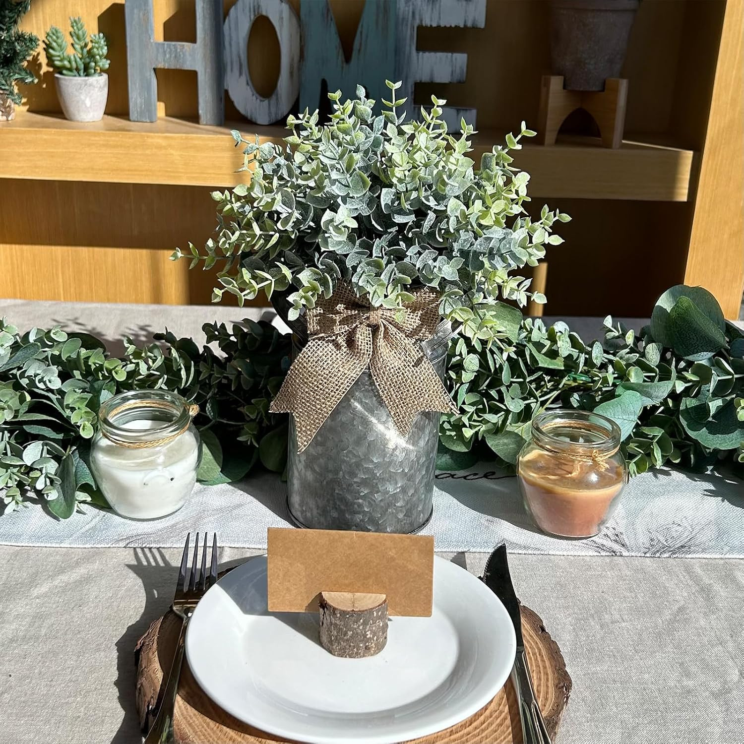 Set of 1 Farmhouse Faux Eucalyptus Arrangement Centerpiece Rustic Galvanized Met