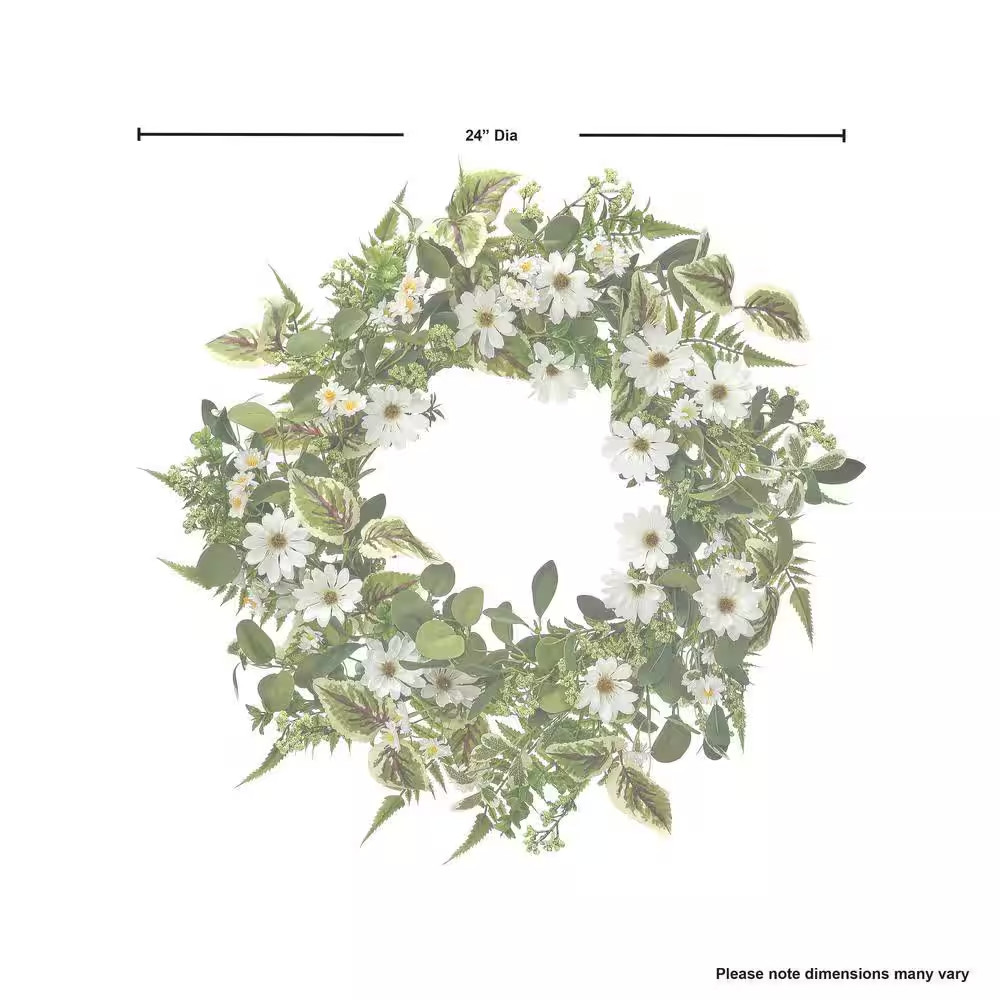 24 In. White, Green Artificial Daisy and Mix Greens Wreath 24 In.