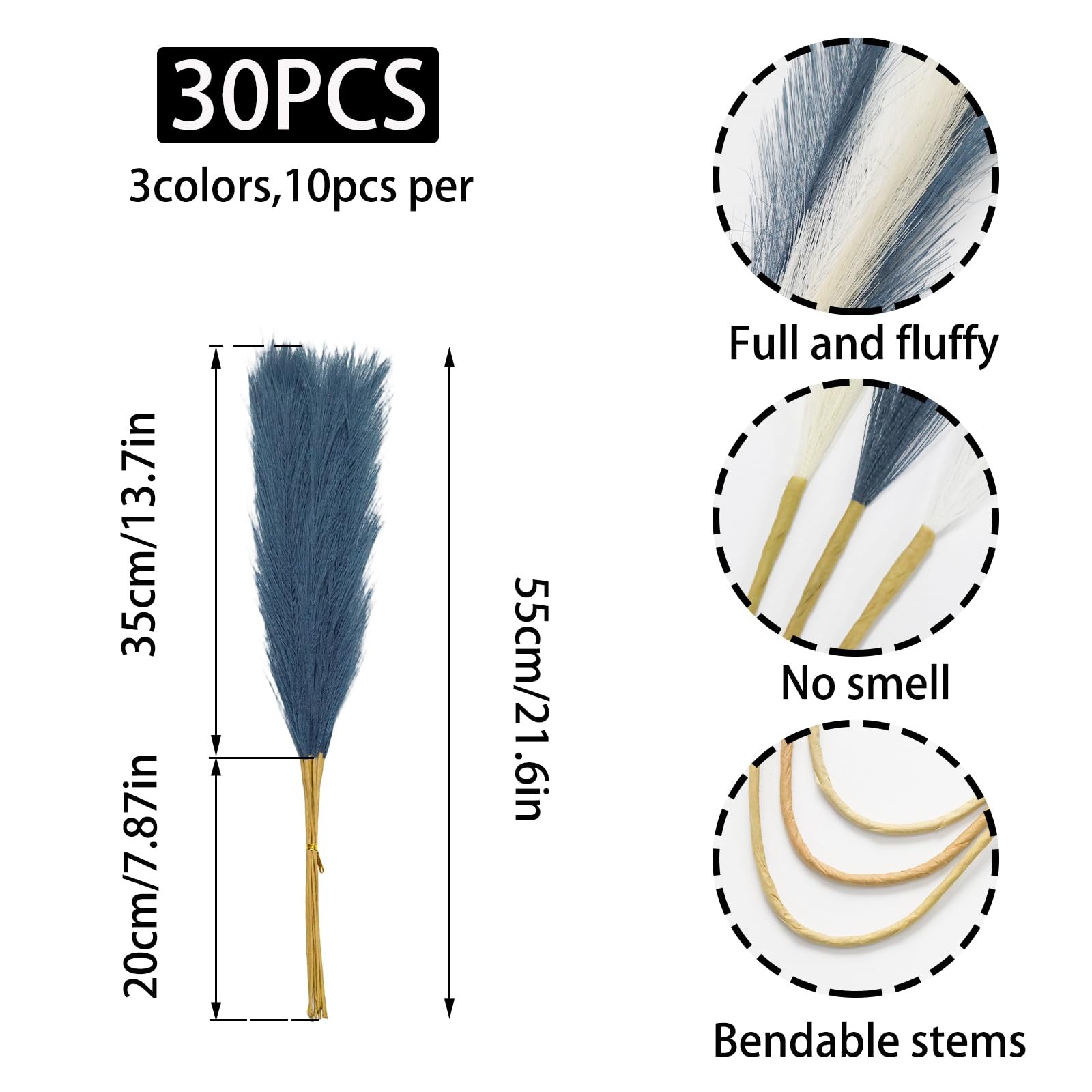 30 Pcs Faux Pampas Grass 21.6 Inch Fluffy Artificial Blue Pompas Grass Colore…