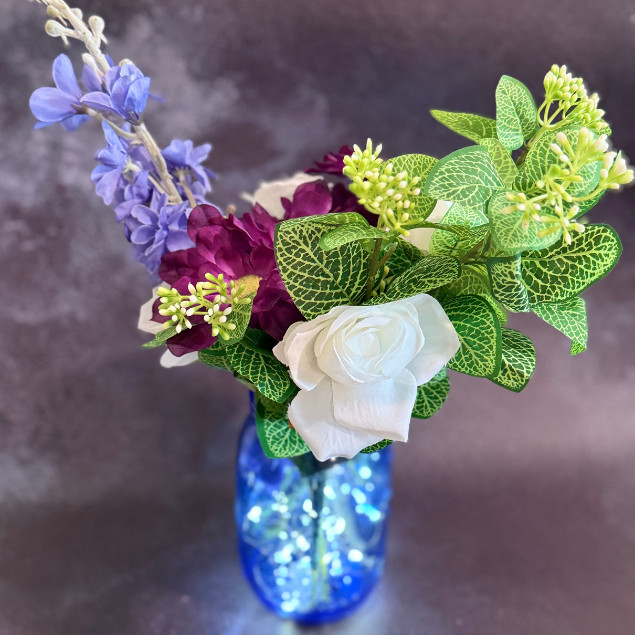 Purple White Rose Faux Floral Arrangement Blue Mason Jar LED Lights Home Decor
