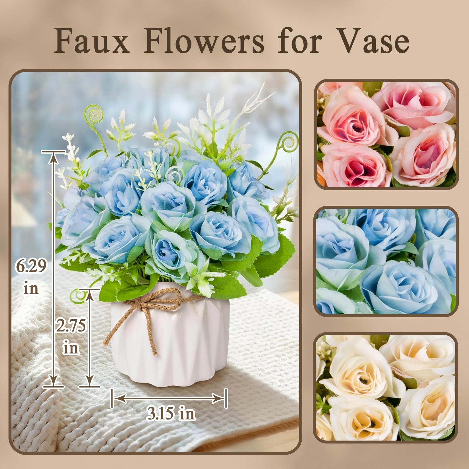 Blue Artificial Roses with Ceramic Vase, No Maintenance Fake Flowers for Tabl…