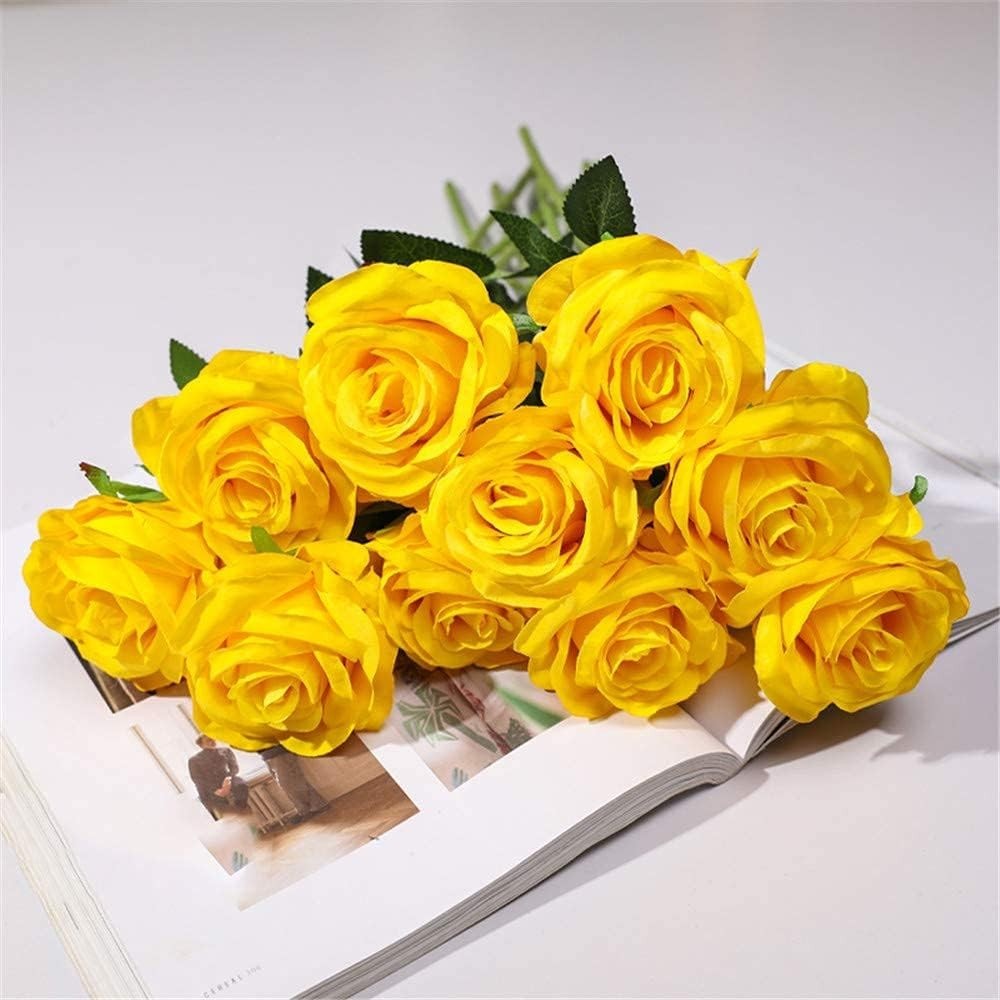 Realistic Silk Rose Bouquet – 12PCS Long Stem Yellow Flowers for Home & Weddings