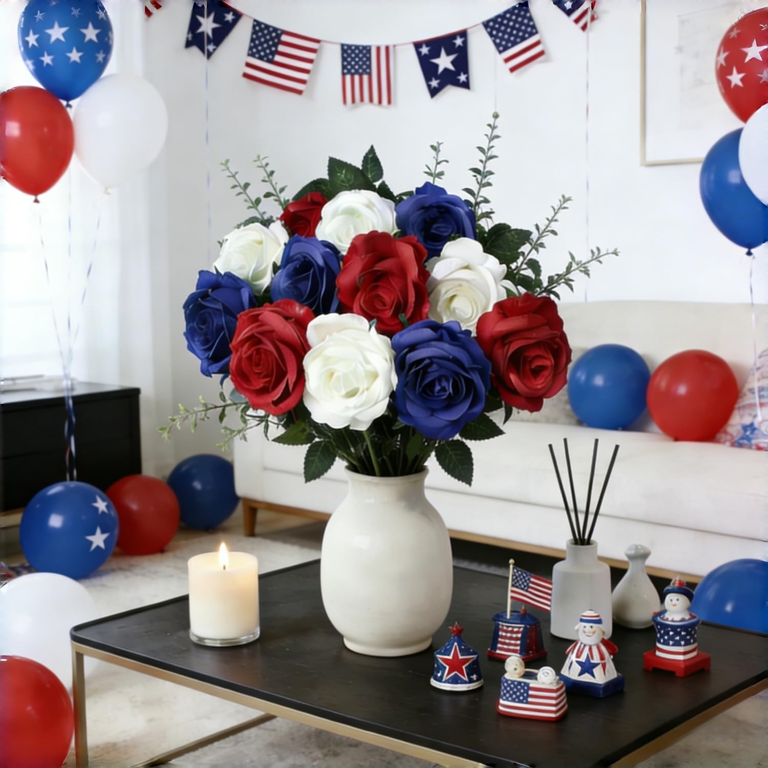 Artificial Roses Flowers, 12 Pcs Red White Blue Patriotic Long Stem Realistic…