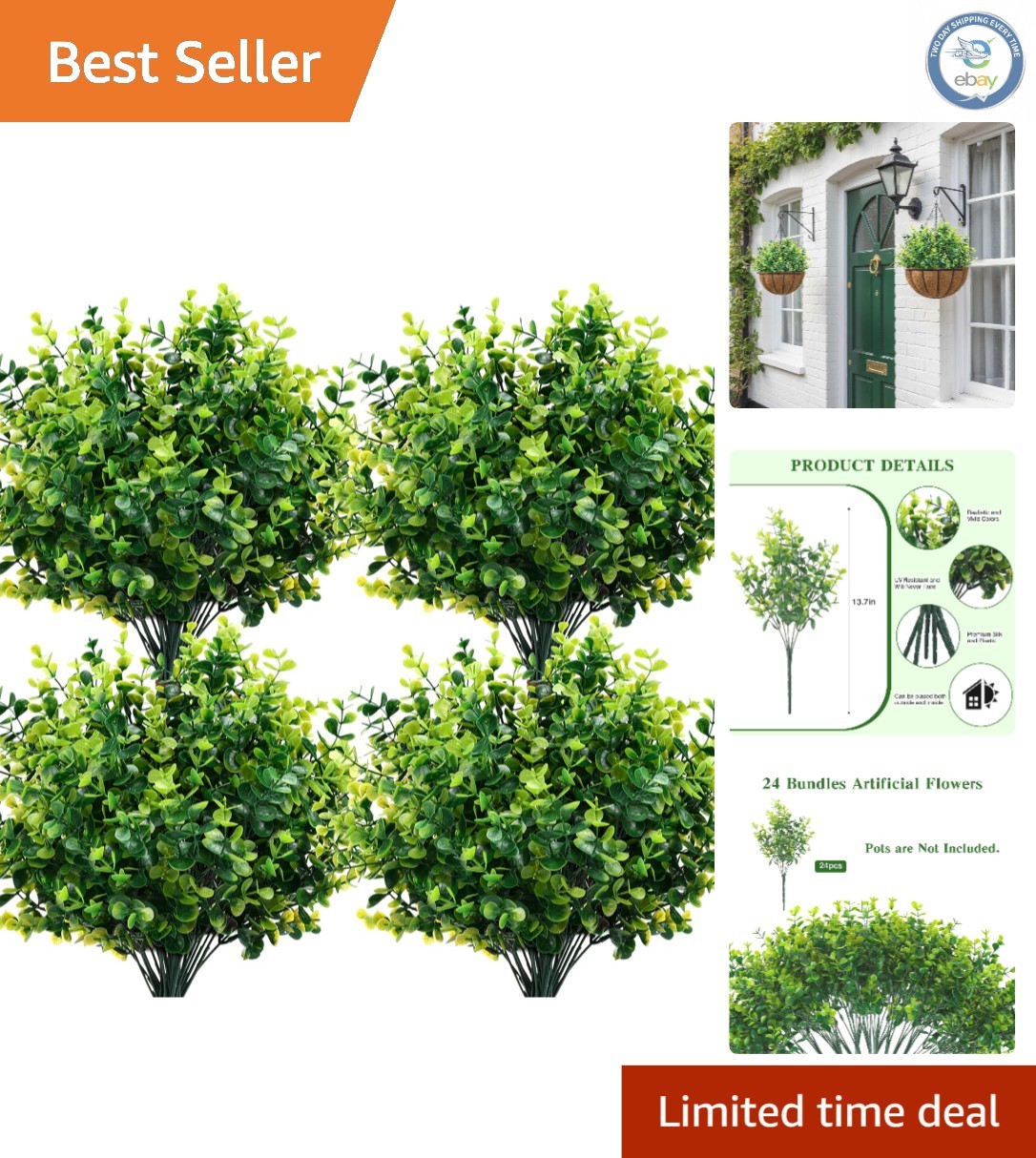 24-Pack UV Resistant Artificial Boxwood Stems for Elegant Indoor/Outdoor Decor