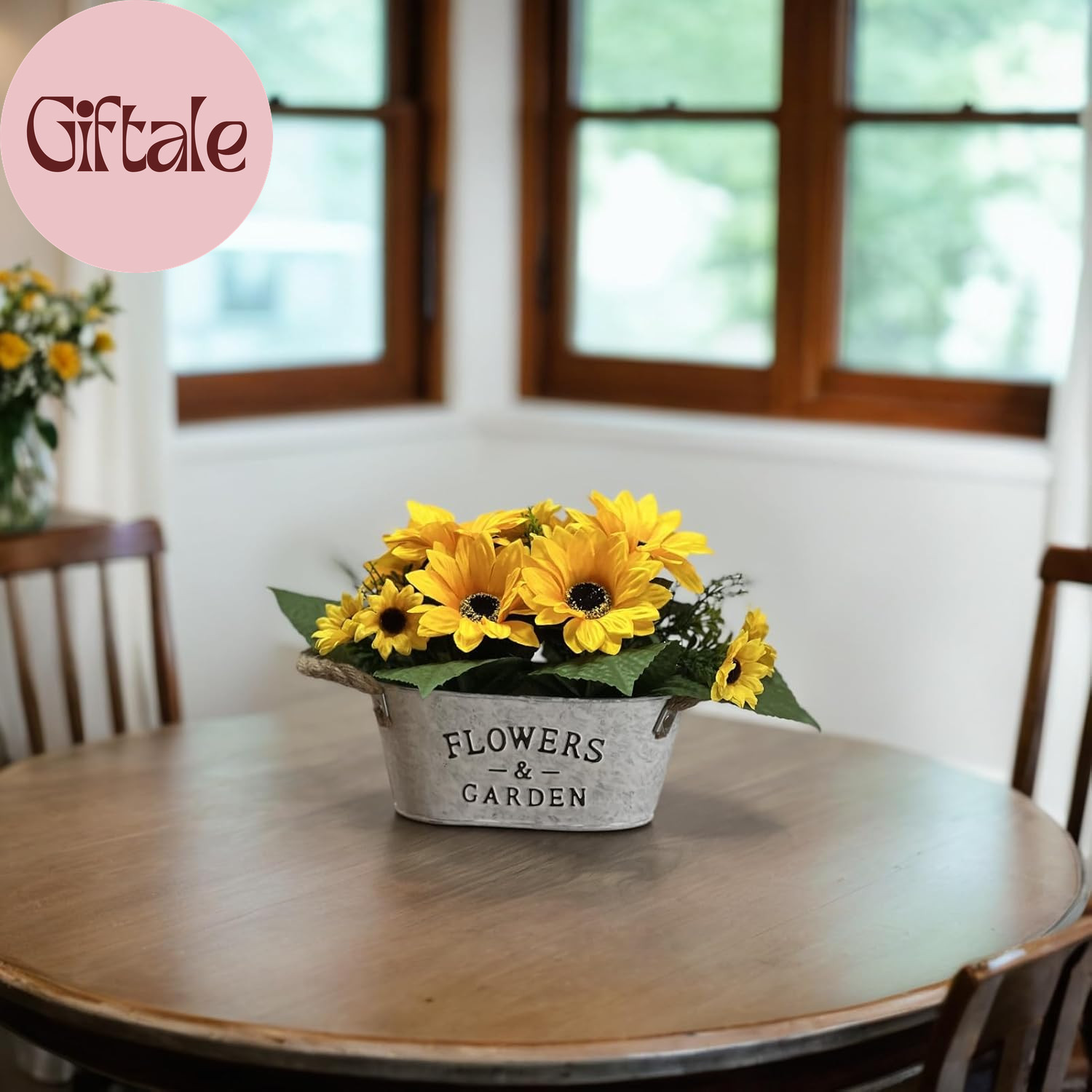 Artificial Flowers in Pot 8″ Tall Faux Silk Sunflowers with Metal Planter, Fake