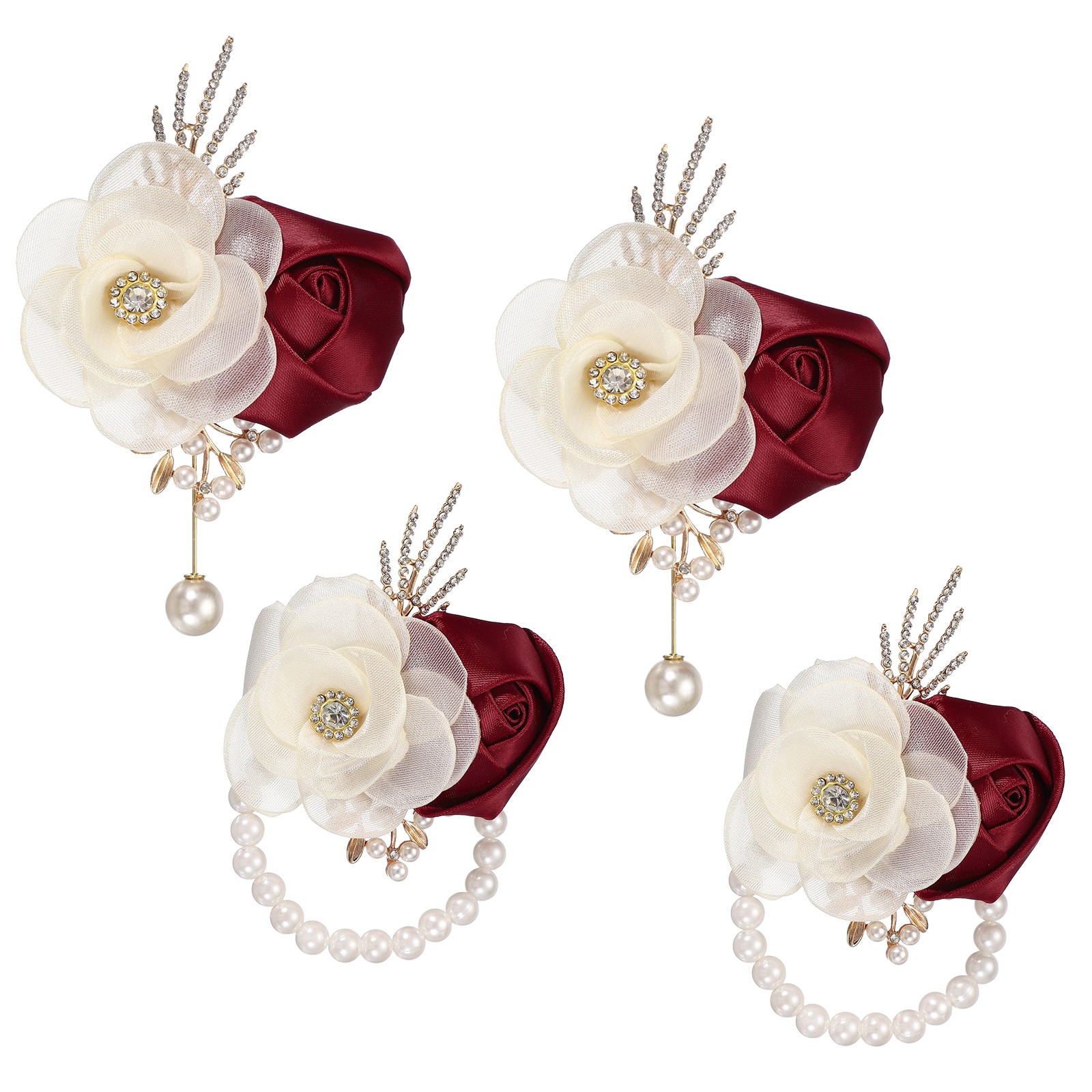 2 Sets Wrist Corsage and Boutonnieres Set for Wedding Groom Bride, Dark Red