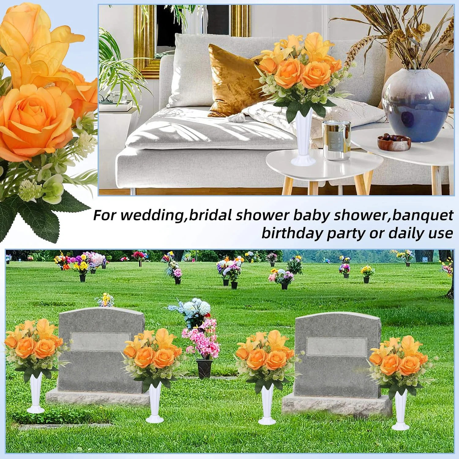 Artificial Cemetery Flowers with Vases Set of 2 Roses Lily Silks Bouquets Realis